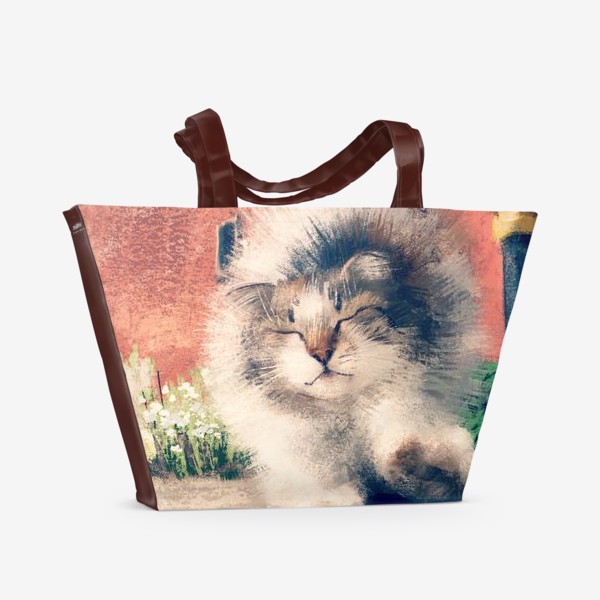 Пляжная сумка «Кошачьи потягушки, живопись, графика, милый пушистый котенок, кот гуляет на улице»