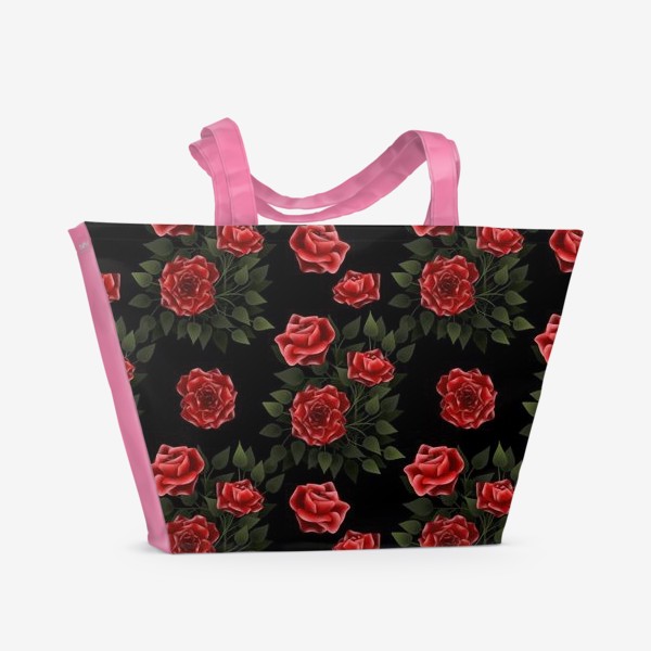 Пляжная сумка «Розы на черном - паттерн»
