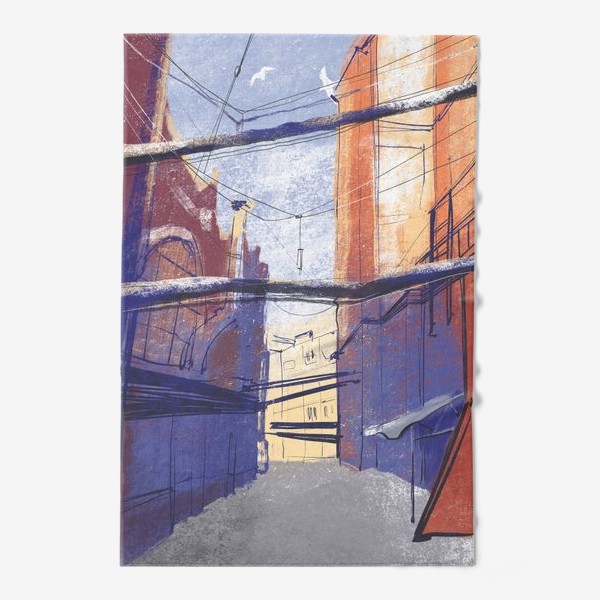 Полотенце «Городская иллюстрация, архитектурная зарисовка пастелью, кирпичный завод, трубы, скетч»