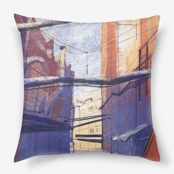 Подушка «Городская иллюстрация, архитектурная зарисовка пастелью, кирпичный завод, трубы, скетч»