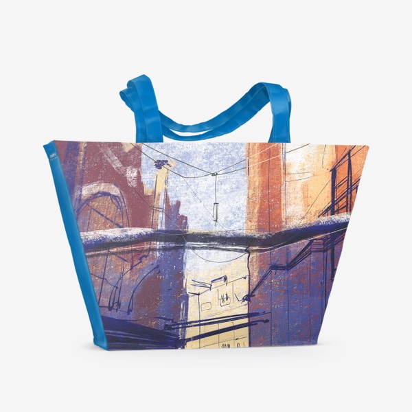 Пляжная сумка «Городская иллюстрация, архитектурная зарисовка пастелью, кирпичный завод, трубы, скетч»