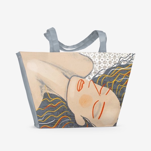 Пляжная сумка «Голова лежащей девушки с распущенными волосами в серо-бежевых тонах»