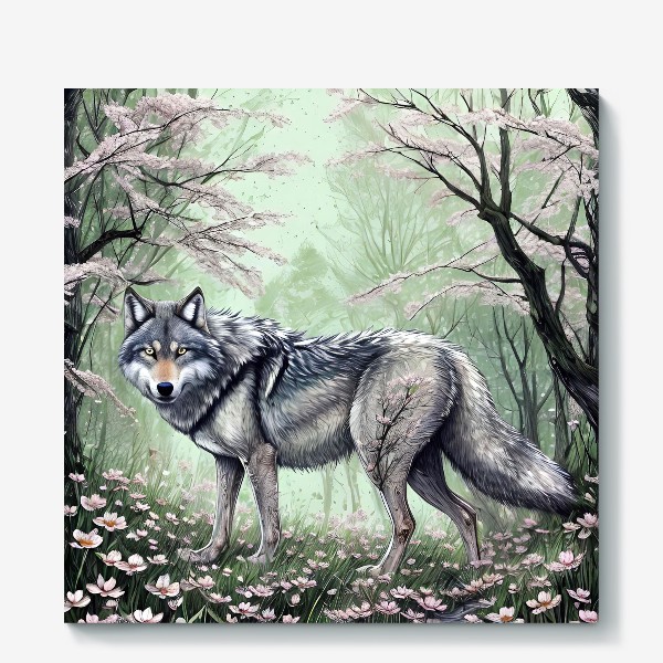 Холст «Серый волк в цветущем лесу»