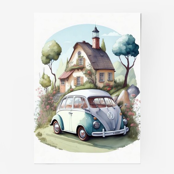 Постер «Ретро машинка и старый домик»