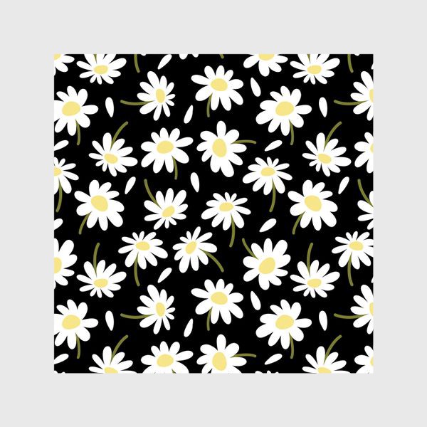 Шторы «Ромашки на черном фоне или белые крупные цветы Принт с ромашками»