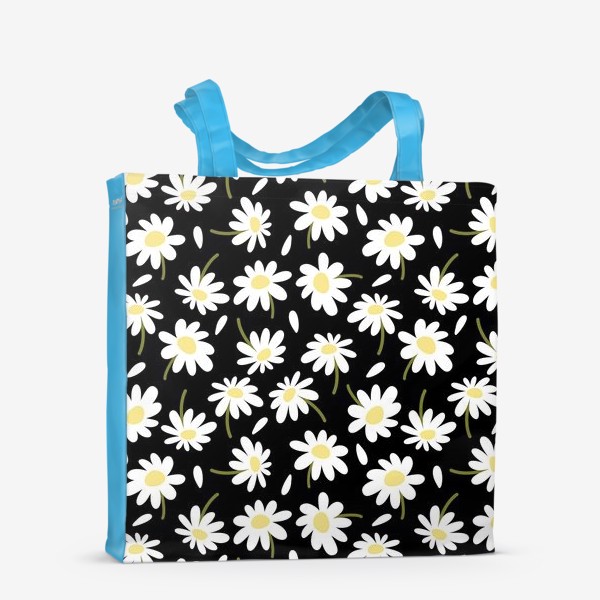 Сумка-шоппер «Ромашки на черном фоне или белые крупные цветы Принт с ромашками»
