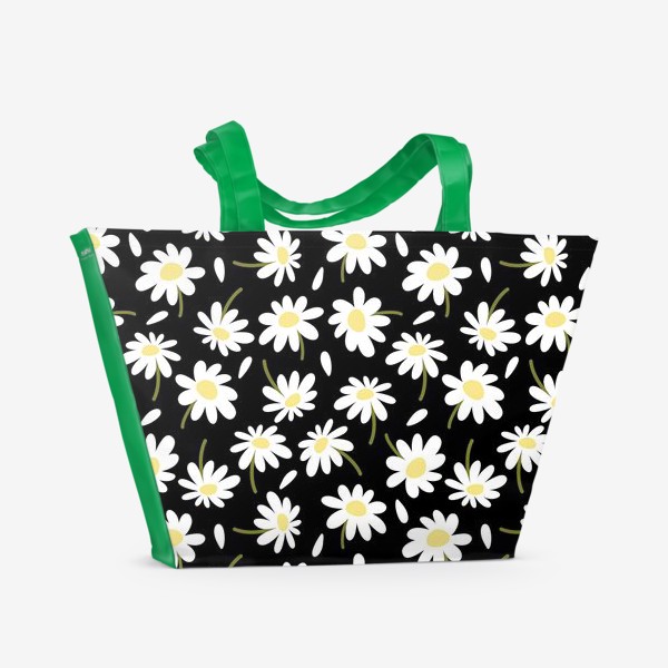 Пляжная сумка «Ромашки на черном фоне или белые крупные цветы Принт с ромашками»