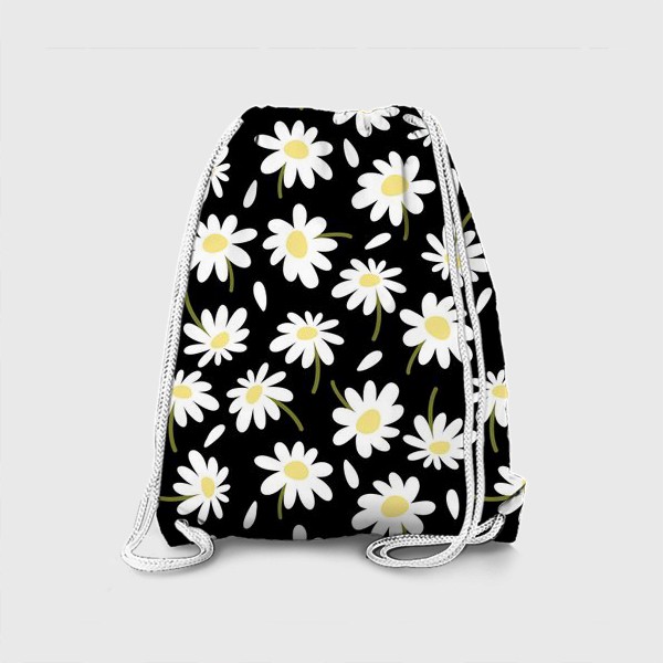 Рюкзак «Ромашки на черном фоне или белые крупные цветы Принт с ромашками»