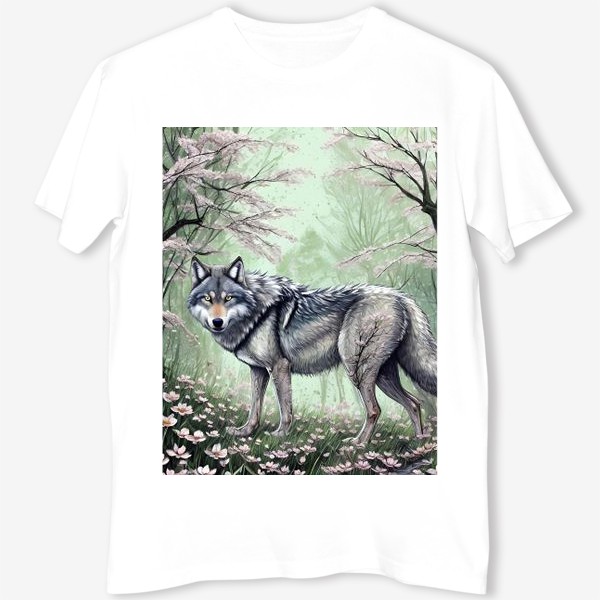 Футболка «Серый волк в цветущем лесу»