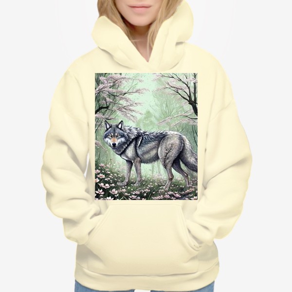 Худи «Серый волк в цветущем лесу»