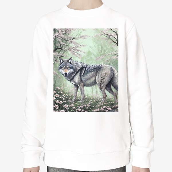 Свитшот «Серый волк в цветущем лесу»