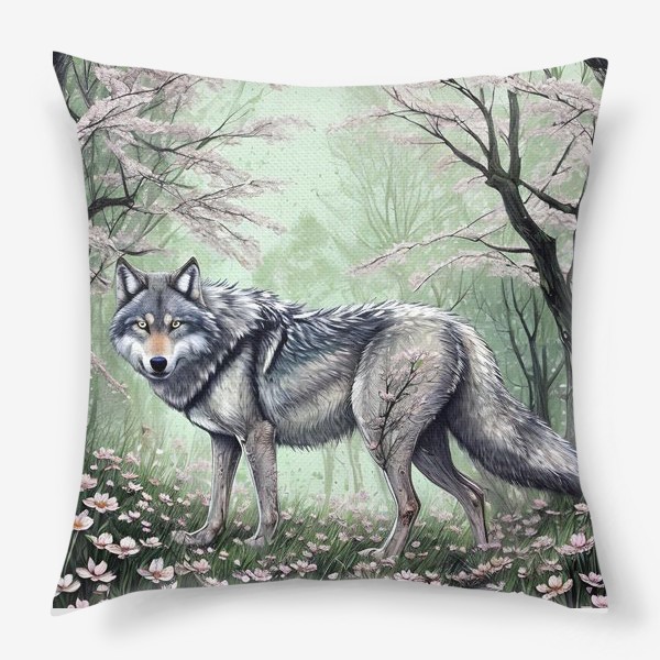 Подушка «Серый волк в цветущем лесу»