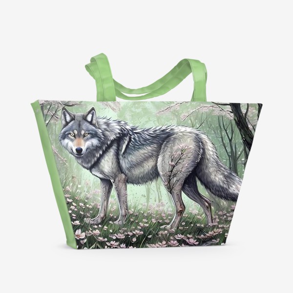 Пляжная сумка «Серый волк в цветущем лесу»