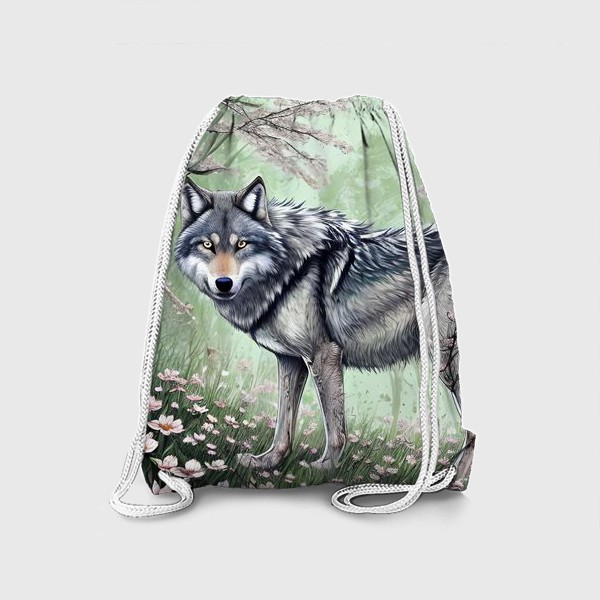 Рюкзак «Серый волк в цветущем лесу»