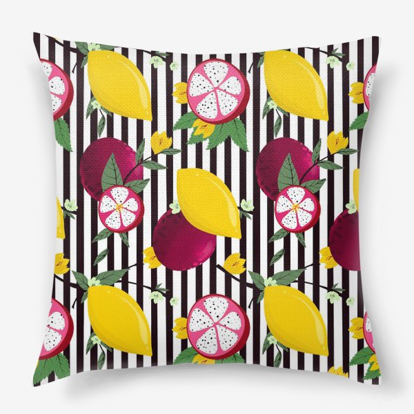 Подушка «Экзотические фрукты с цветами и лимоном на полосатом фоне»