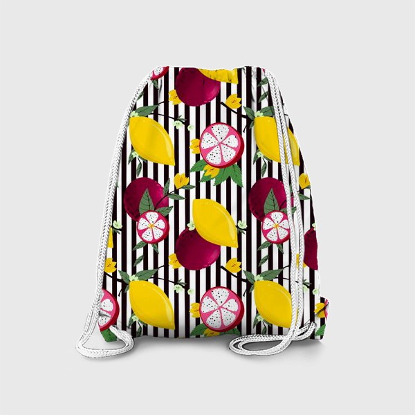 Рюкзак «Экзотические фрукты с цветами и лимоном на полосатом фоне»