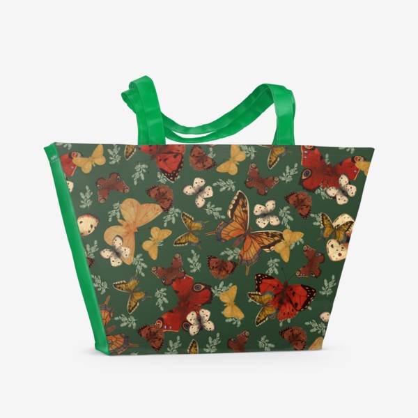 Пляжная сумка «Бабочки на зеленом фоне»