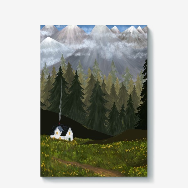 Холст «Путешествие. Летний пейзаж с домом и горами»