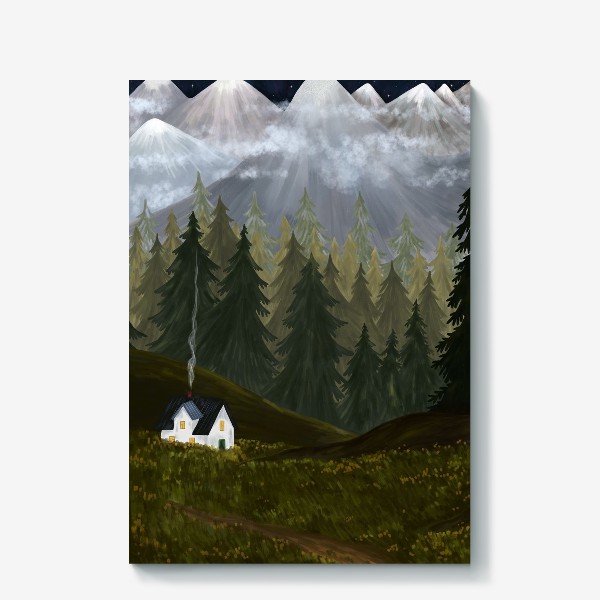 Холст «Ночь в горах. Пейзаж с уютным домиком и горами.»