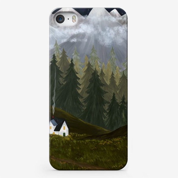 Чехол iPhone «Ночь в горах. Пейзаж с уютным домиком и горами.»