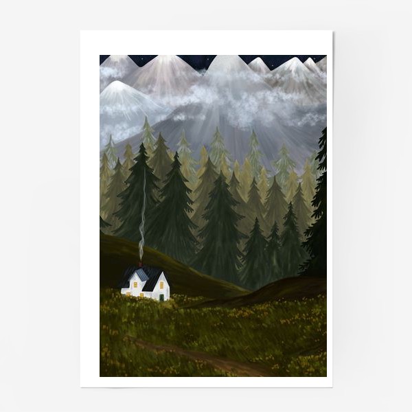 Постер «Ночь в горах. Пейзаж с уютным домиком и горами.»
