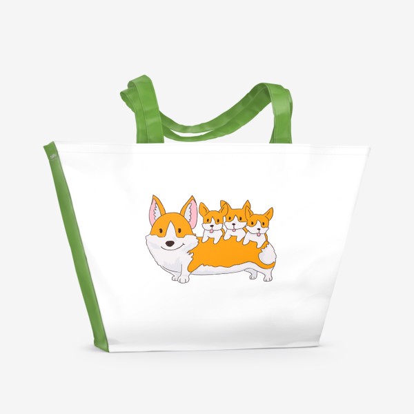 Пляжная сумка «семья корги - мама собака и щенки - корги батон»