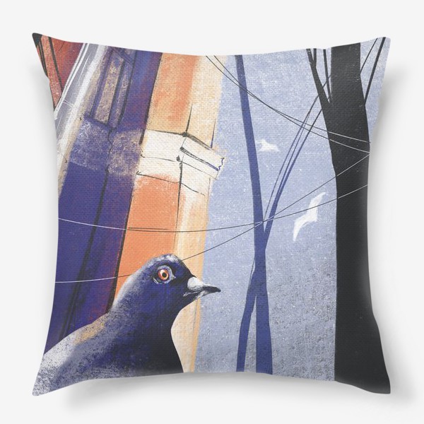 Подушка «Городская иллюстрация, архитектурная зарисовка пастелью, птица голубь, скетч»