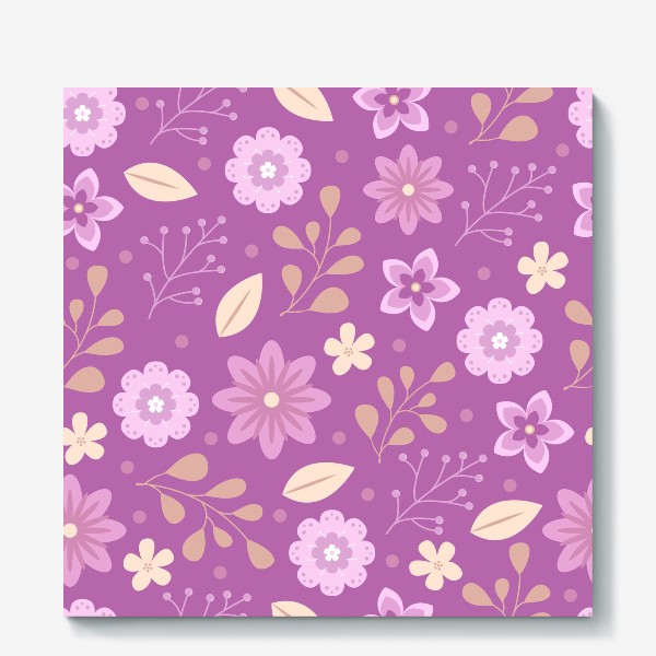 Холст «Милый векторный паттерн желтые и розовые цветы и листья на фиолетовом фоне»