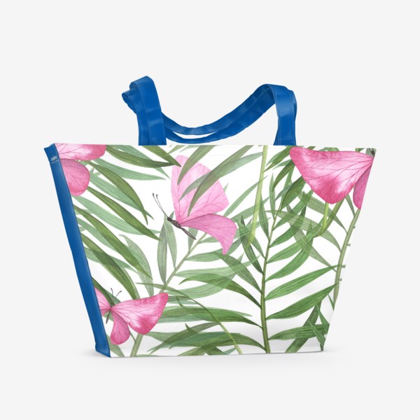 Пляжная сумка «Тропические бабочки в пальмовых листьях. Паттерн, узор, орнамент»