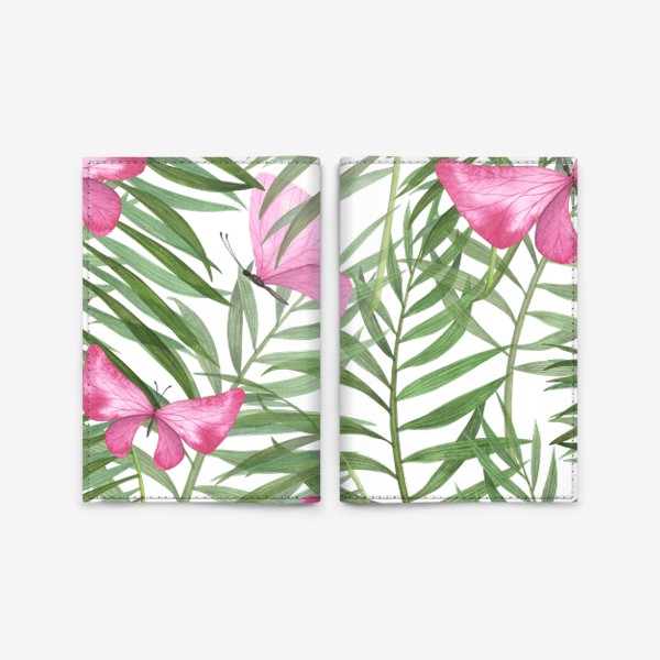 Обложка для паспорта «Тропические бабочки в пальмовых листьях. Паттерн, узор, орнамент»