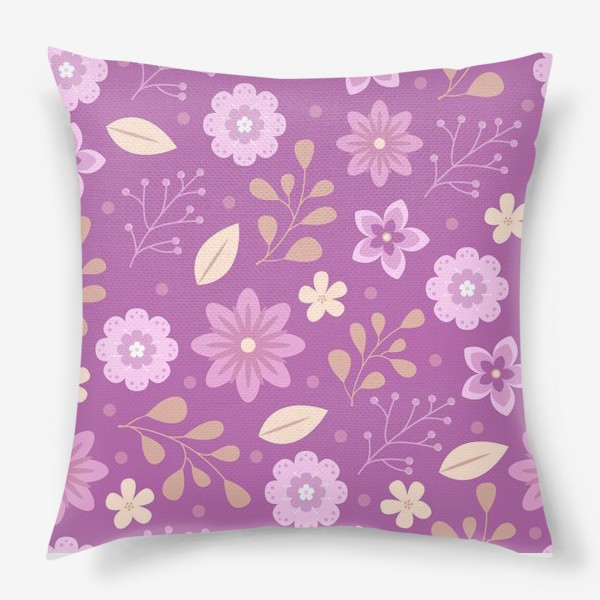 Подушка «Милый векторный паттерн желтые и розовые цветы и листья на фиолетовом фоне»