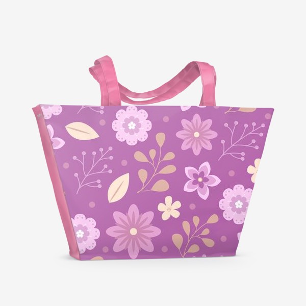 Пляжная сумка «Милый векторный паттерн желтые и розовые цветы и листья на фиолетовом фоне»