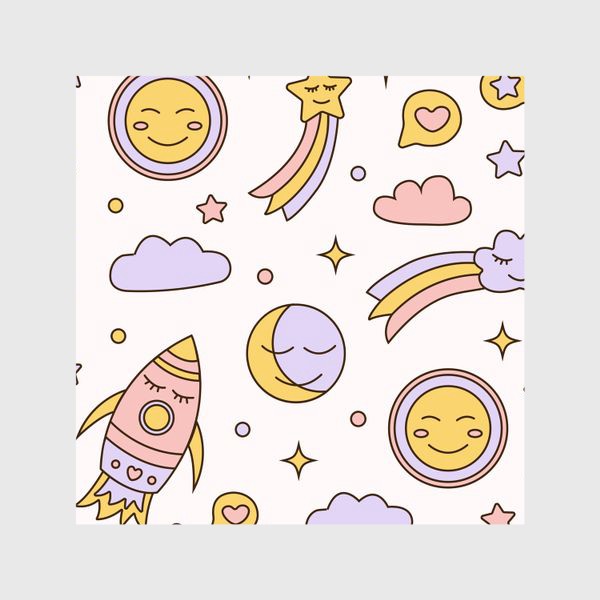 Шторы «Милый детский мультяшный ночной паттерн с ракетами, звездами, планетами и облаками на белом фоне»