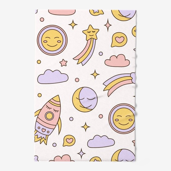 Полотенце «Милый детский мультяшный ночной паттерн с ракетами, звездами, планетами и облаками на белом фоне»
