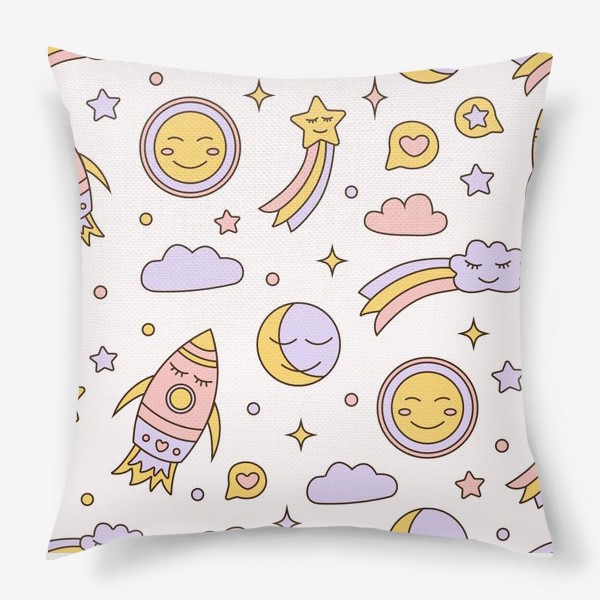 Подушка &laquo;Милый детский мультяшный ночной паттерн с ракетами, звездами, планетами и облаками на белом фоне&raquo;