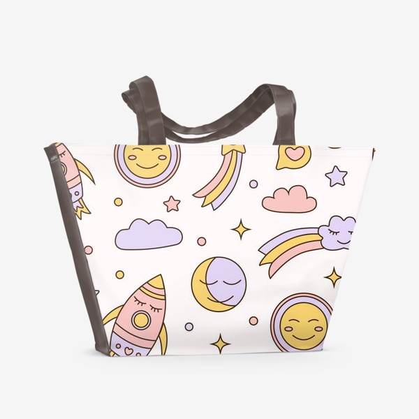 Пляжная сумка &laquo;Милый детский мультяшный ночной паттерн с ракетами, звездами, планетами и облаками на белом фоне&raquo;