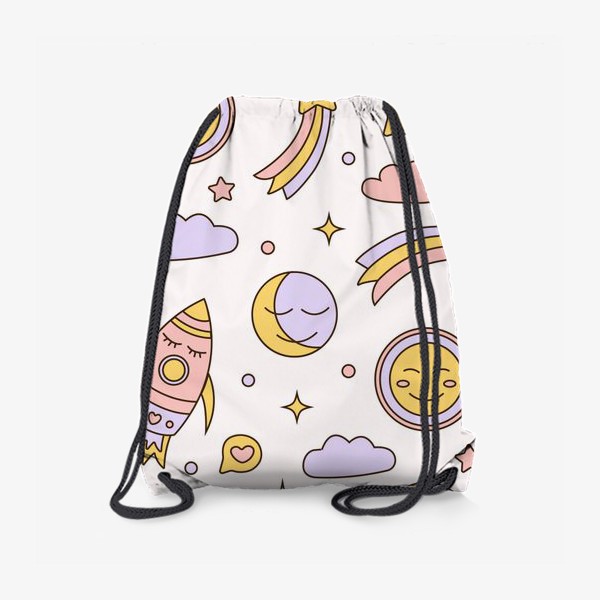 Рюкзак «Милый детский мультяшный ночной паттерн с ракетами, звездами, планетами и облаками на белом фоне»