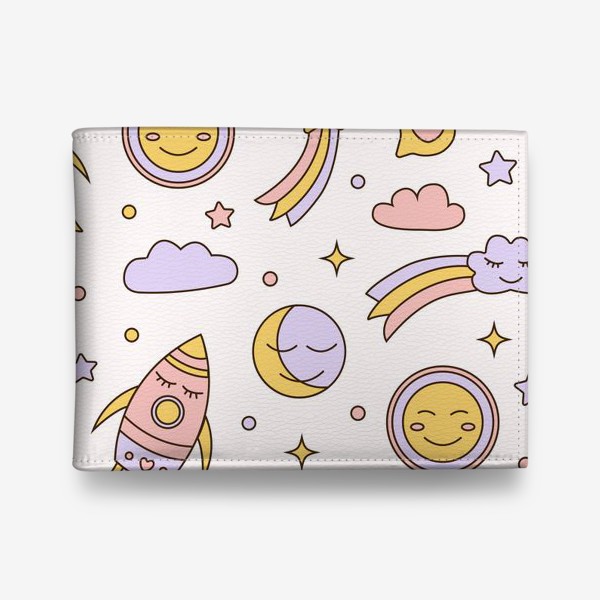 Кошелек «Милый детский мультяшный ночной паттерн с ракетами, звездами, планетами и облаками на белом фоне»