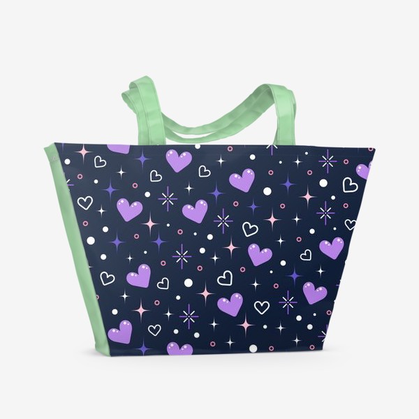 Пляжная сумка «Космический принт с сердечками и звездами на темном фоне»