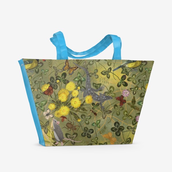 Пляжная сумка «Весенний принт, мать-и-мачеха, синицы, ящерицы, бабочки»