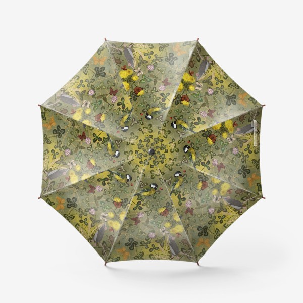 Зонт «Весенний принт, мать-и-мачеха, синицы, ящерицы, бабочки»