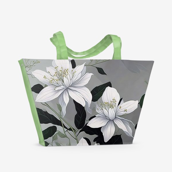 Пляжная сумка «Белые цветы на сером фоне»