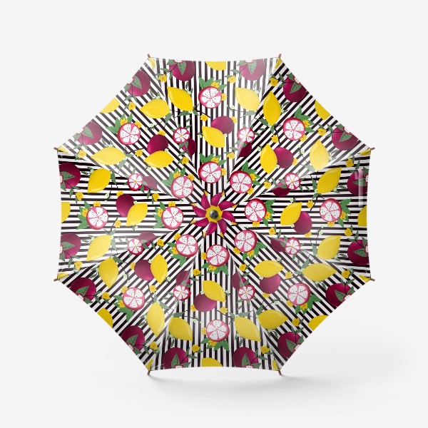 Зонт «Экзотические фрукты с цветами и лимоном на полосатом фоне»