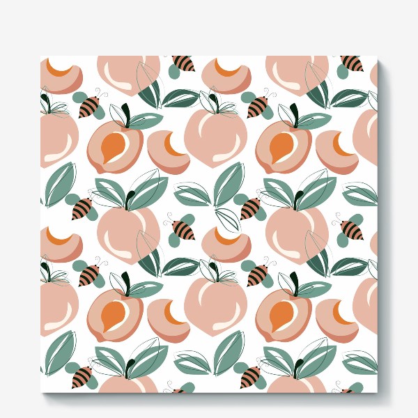 Холст «Бесшовный паттерн с персиками,абрикосами.Абстракция абрикосы и пчелы.»