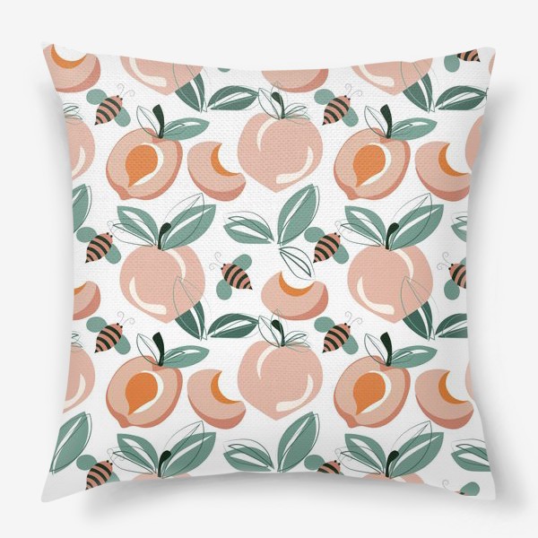 Подушка «Бесшовный паттерн с персиками,абрикосами.Абстракция абрикосы и пчелы.»