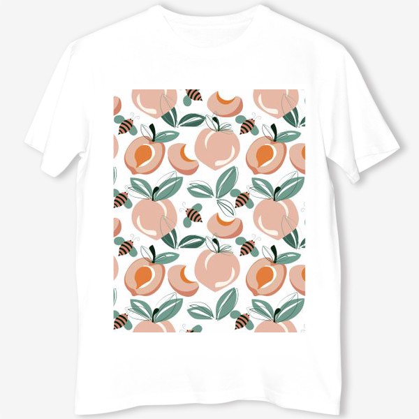 Футболка &laquo;Бесшовный паттерн с персиками,абрикосами.Абстракция абрикосы и пчелы.&raquo;