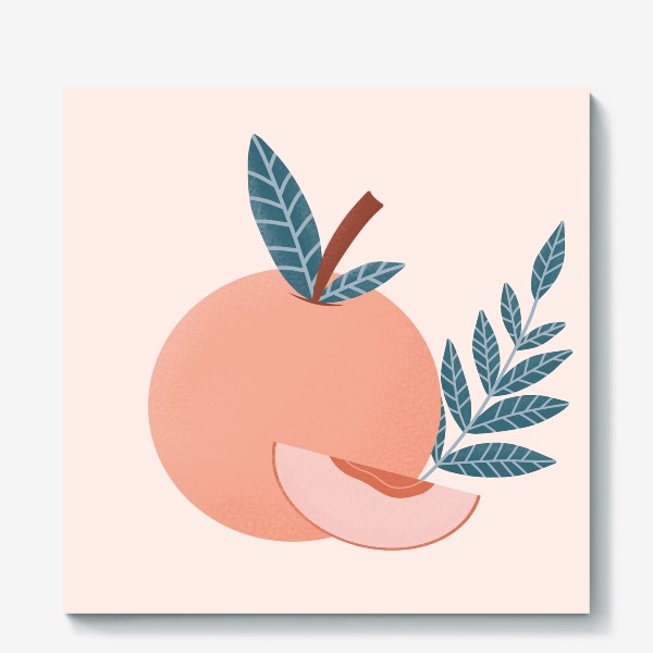 Холст «Милый персик с веточкой и листьями на розовом фоне»