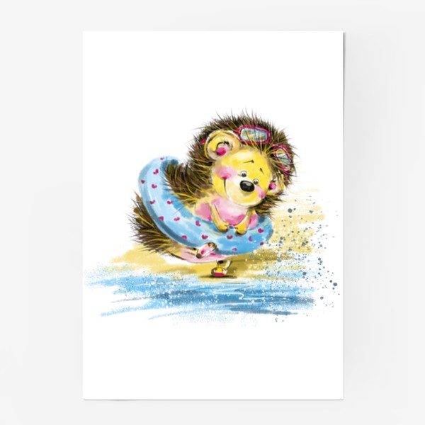 Постер «Милый и веселый ёжик с плавательным кругом около воды. Забавная и милая иллюстрация»