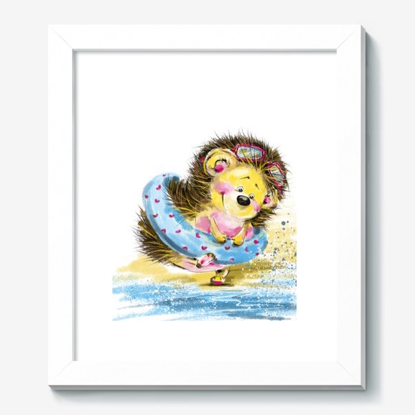 Картина «Милый и веселый ёжик с плавательным кругом около воды. Забавная и милая иллюстрация»