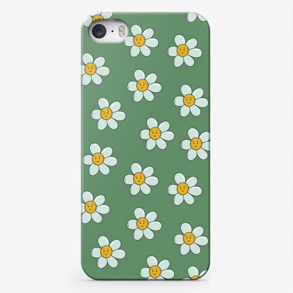 Чехол iPhone «Ромашки. Ретро узор с полевыми цветами на зеленом фоне»